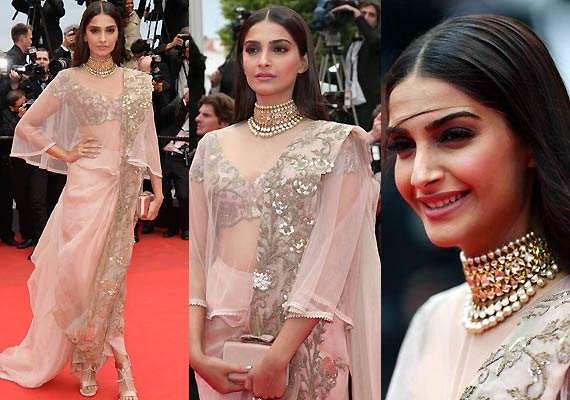 Sonam in pale pink Anamika Khanna Couture design