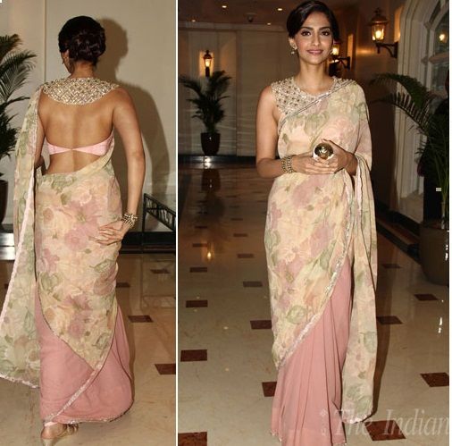 Sonam in her backless blouse; outfit by Shehla Khan
