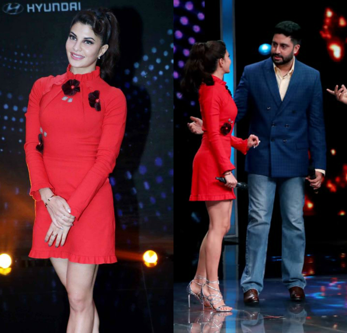 Jacqueline Fernandez was spotted wearing a designer red dress by Gauri and Nainika on the sets of Sa Re Ga Ma Pa show.