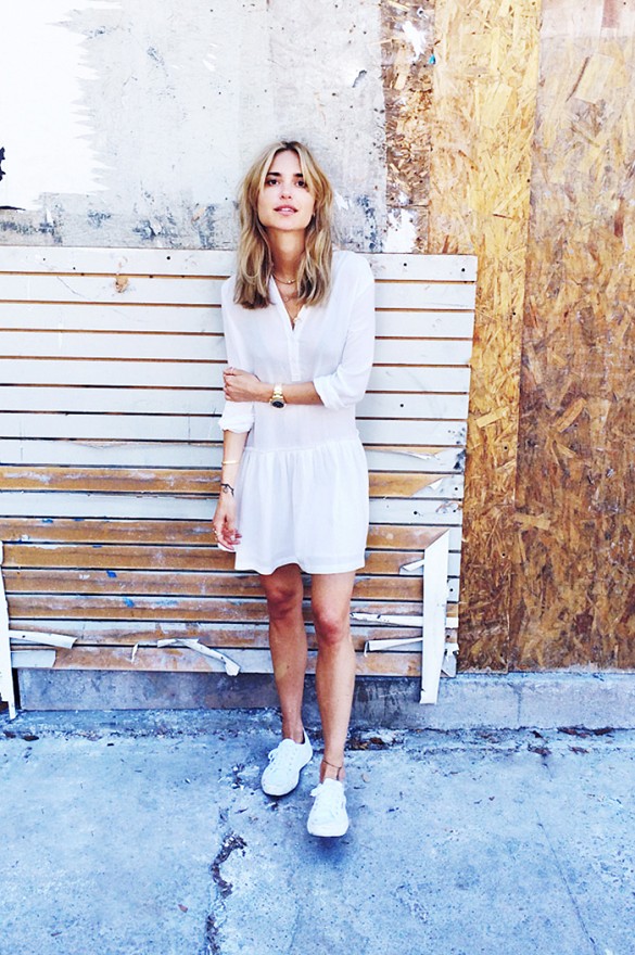 white shirt dress with sneakers