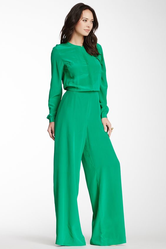 The model in long sleeve jumpsuit.