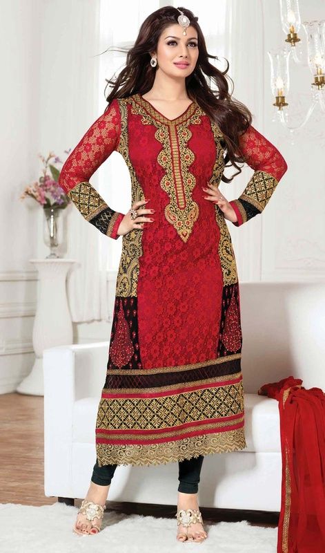 Ayesha Takia in a long straight cut black and red Georgette suit embellished with decorative cut work lace.