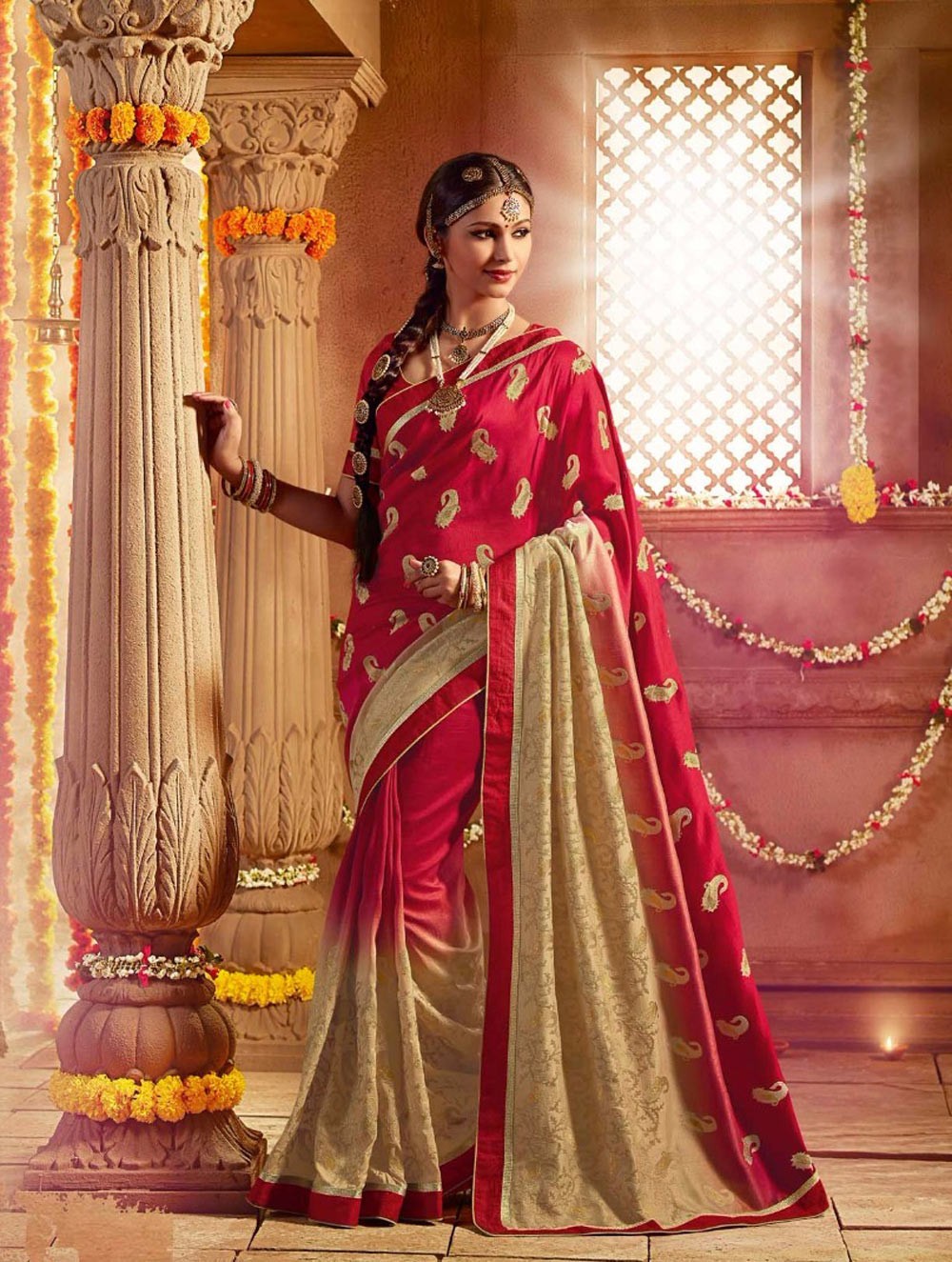 The model in South Indian designed silk saree.