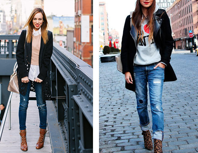 The model in ankle boots with skinny jeans.
