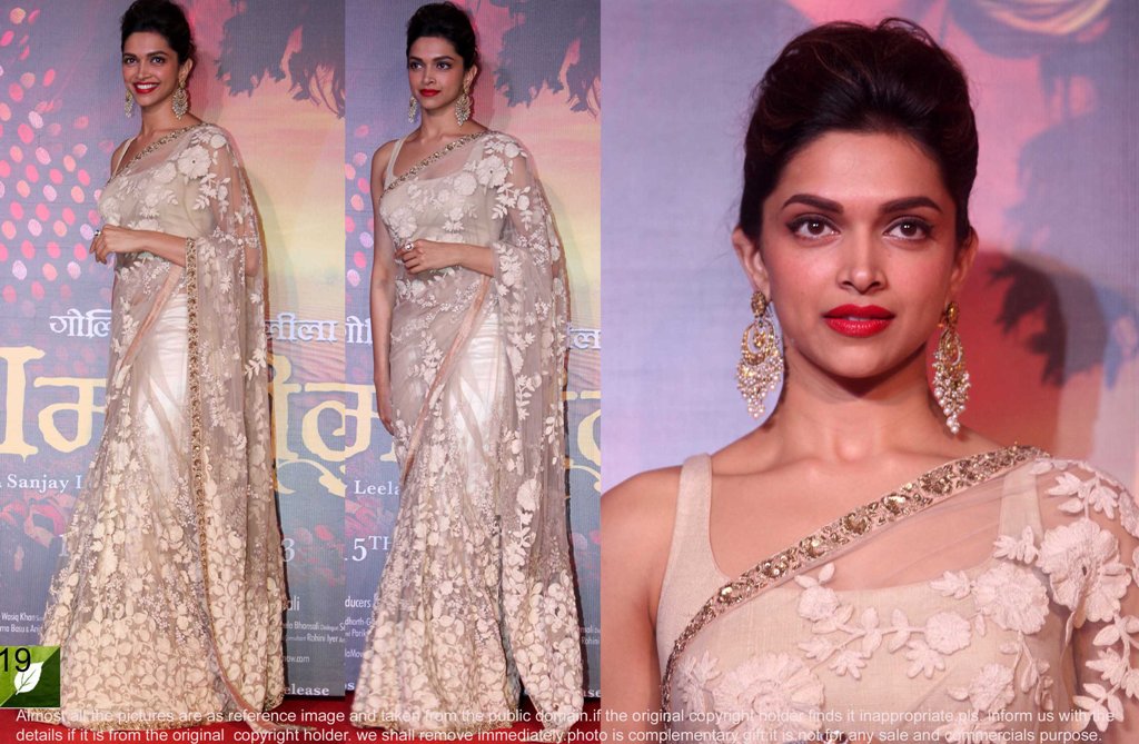 designer saree worn by Deepika to the movie Ramleela Trailer launched ceremony.