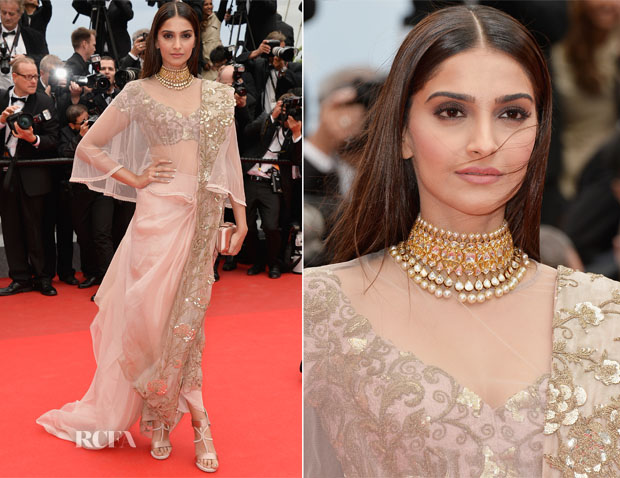 Sonam in pale pink Anamika Khanna Couture design