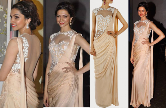 Deepika looking stunning in champagne sari with a white lace corset blouse