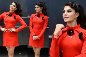 Jacqueline Fernandez was spotted wearing a designer red dress by Gauri and Nainika on the sets of Sa Re Ga Ma Pa show.