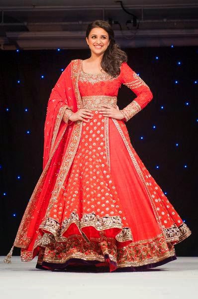 Parineeti Chopra in Red Double Layered Bridal Anarkali with heavy zardosi work.