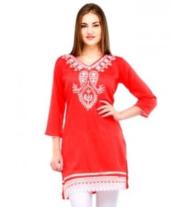 The Model in Stylish Kashmiri Embroidery Red Kurti.