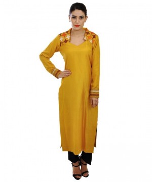 The Model in Mustard pure silk kantha hand embroidered long kurti.