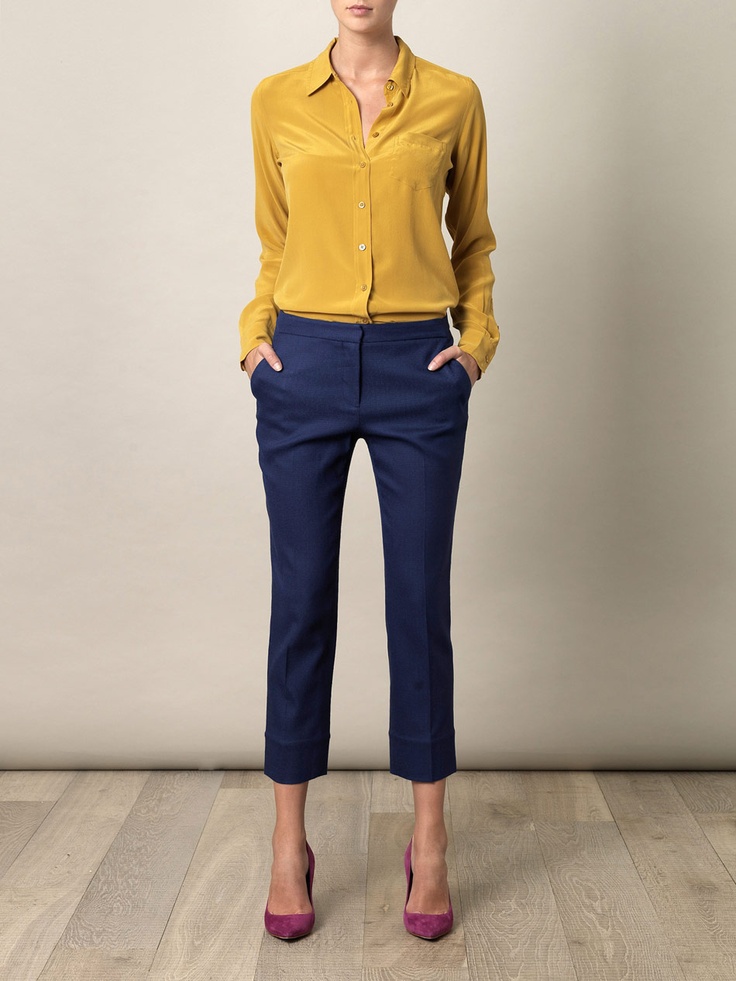 mustard shirt with blue jeans