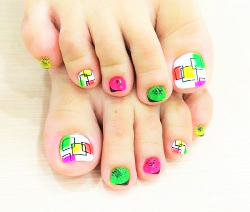 Fun Colorful Squares Toe Nail Art