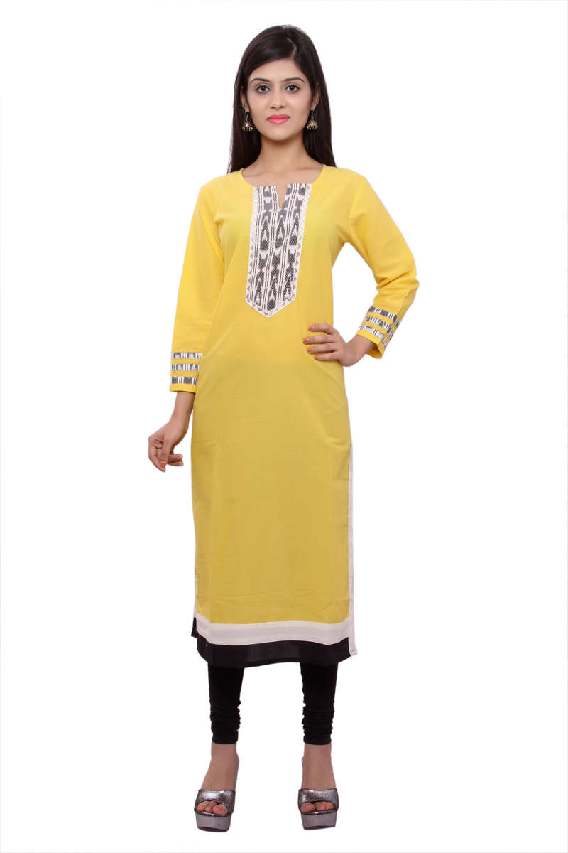 The model is wearing Yellow Embroidered Front Placket churidar.