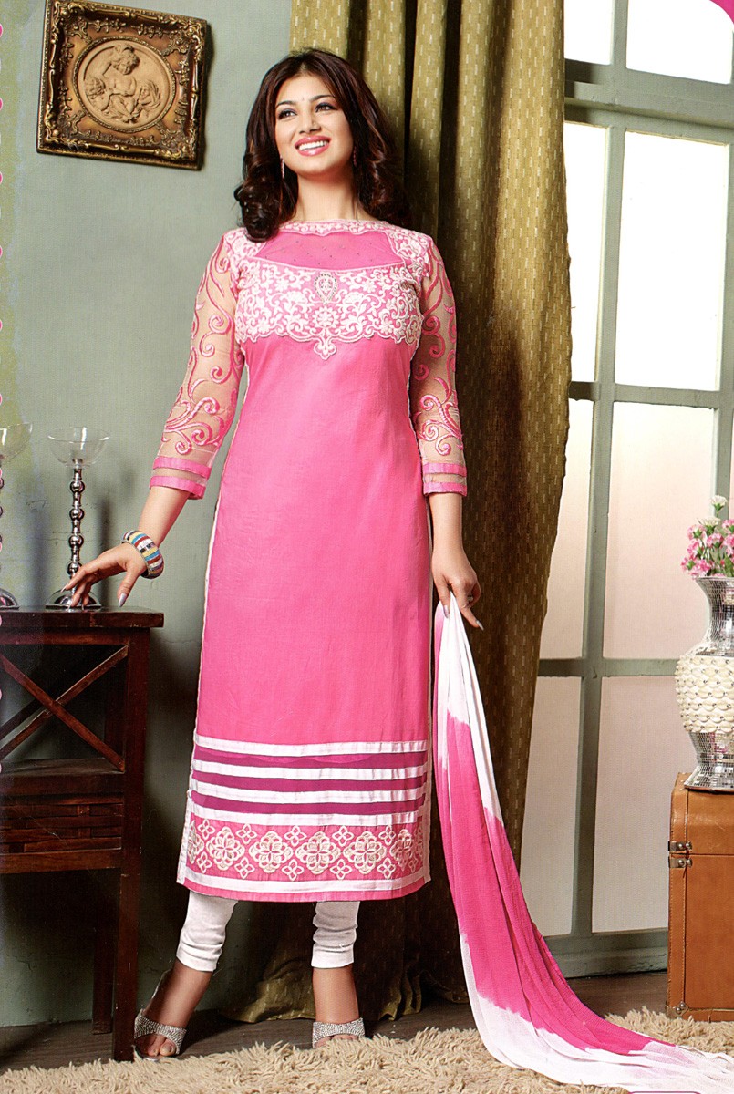 Ayesha Takia is wearing Churidar Suit with Cotton Patch Work Pink Semi Stitched Crew Neck.