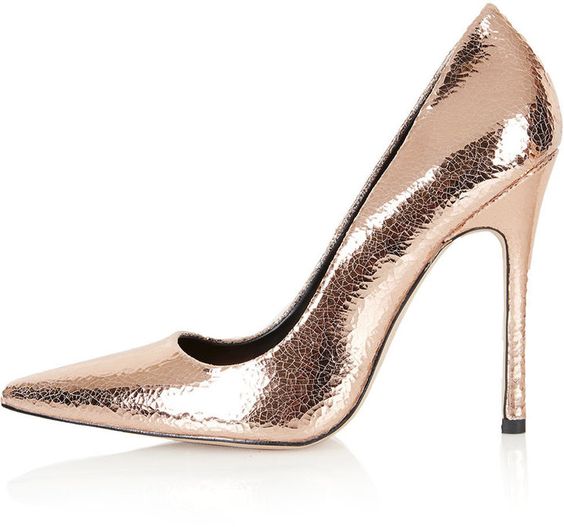 Rose gold crackled leather high skinny heel court shoes.