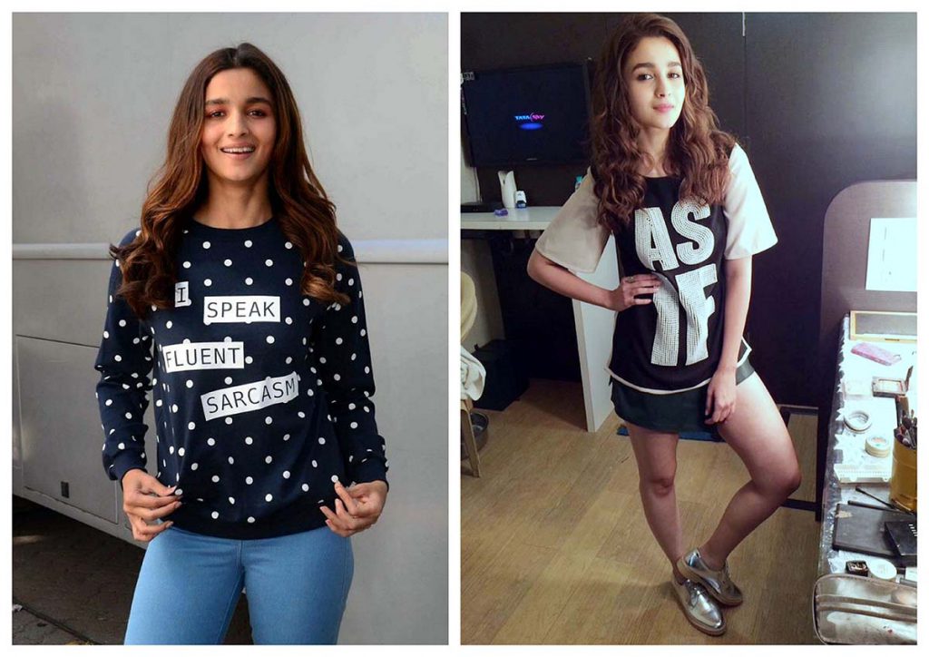 Alia in tees with slogans